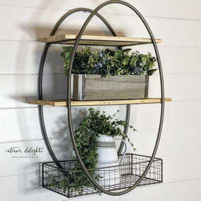 Tall oval metal framed wall unit with recycled wood shelves - Interior Delights